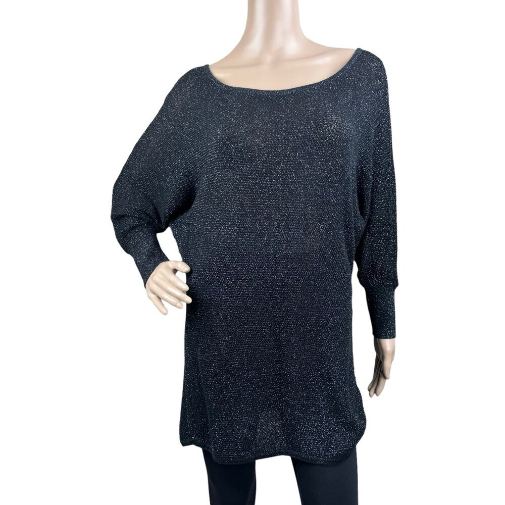 Express Women Black Open Knit Glittery Dolman Sleeve Scoop Neck Pullover Sweater